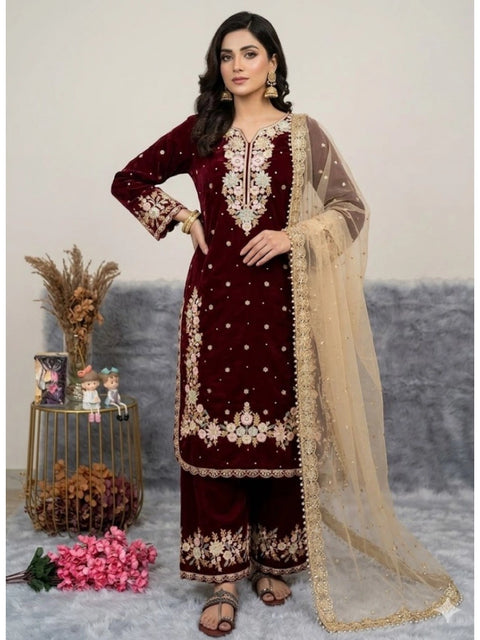 Generic Women's Silk Embroidered 3/4th Sleeve Round Kurti With Palazzo Pant and Dupatta Set (Maroon)