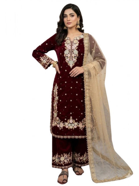 Generic Women's Silk Embroidered 3/4th Sleeve Round Kurti With Palazzo Pant and Dupatta Set (Maroon)