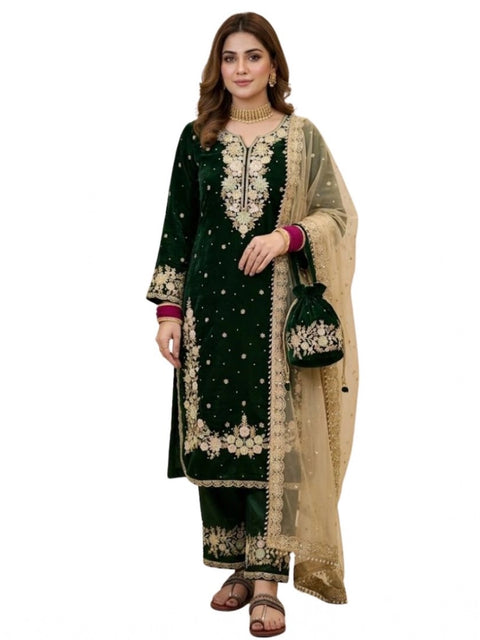 Women's Silk Embroidered 3/4th Sleeve Round Kurti With Palazzo Pant and Dupatta Set (Dark Green)
