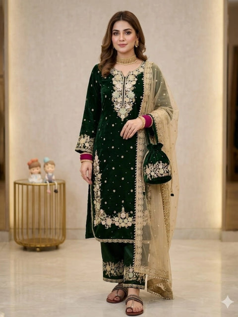 Generic Women's Silk Embroidered 3/4th Sleeve Round Kurti With Palazzo Pant and Dupatta Set (Dark Green)