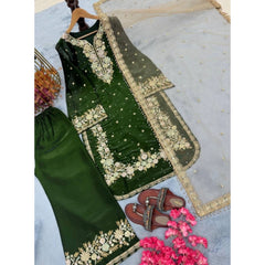 Women's Silk Embroidered 3/4th Sleeve Round Kurti With Palazzo Pant and Dupatta Set (Dark Green)