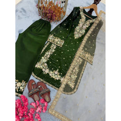 Women's Silk Embroidered 3/4th Sleeve Round Kurti With Palazzo Pant and Dupatta Set (Dark Green)