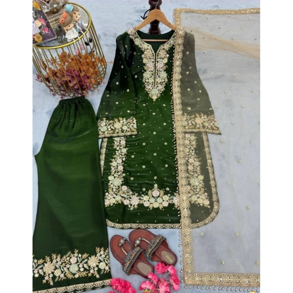 Women's Silk Embroidered 3/4th Sleeve Round Kurti With Palazzo Pant and Dupatta Set (Dark Green)