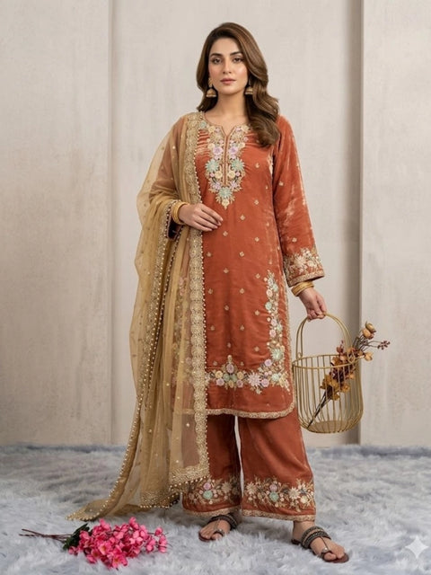 Generic Women's Silk Embroidered 3/4th Sleeve Round Kurti With Palazzo Pant and Dupatta Set (Orange)