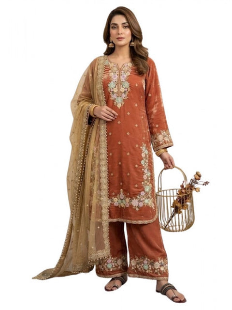 Generic Women's Silk Embroidered 3/4th Sleeve Round Kurti With Palazzo Pant and Dupatta Set (Orange)