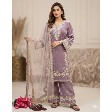 Women's Silk Embroidered 3/4th Sleeve Round Kurti With Palazzo Pant and Dupatta Set (Lavender)