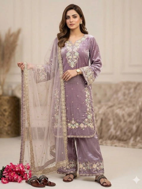 Women's Silk Embroidered 3/4th Sleeve Round Kurti With Palazzo Pant and Dupatta Set (Lavender)