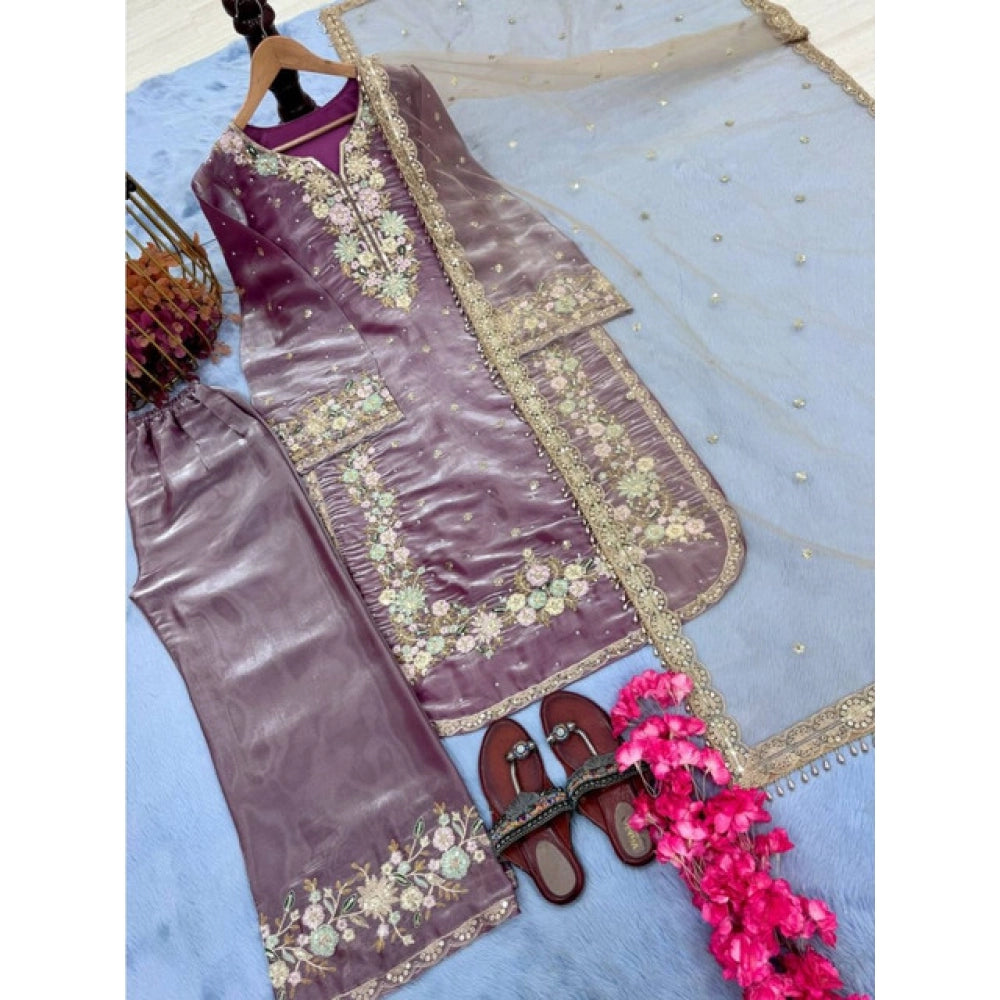 Women's Silk Embroidered 3/4th Sleeve Round Kurti With Palazzo Pant and Dupatta Set (Lavender)