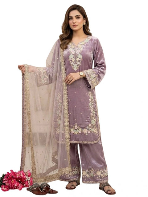 Generic Women's Silk Embroidered 3/4th Sleeve Round Kurti With Palazzo Pant and Dupatta Set (Lavender)