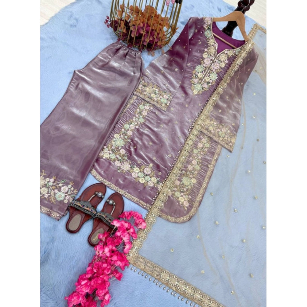 Women's Silk Embroidered 3/4th Sleeve Round Kurti With Palazzo Pant and Dupatta Set (Lavender)