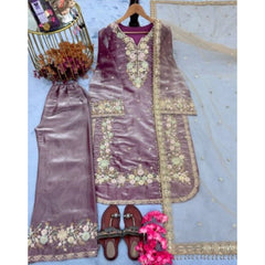 Women's Silk Embroidered 3/4th Sleeve Round Kurti With Palazzo Pant and Dupatta Set (Lavender)