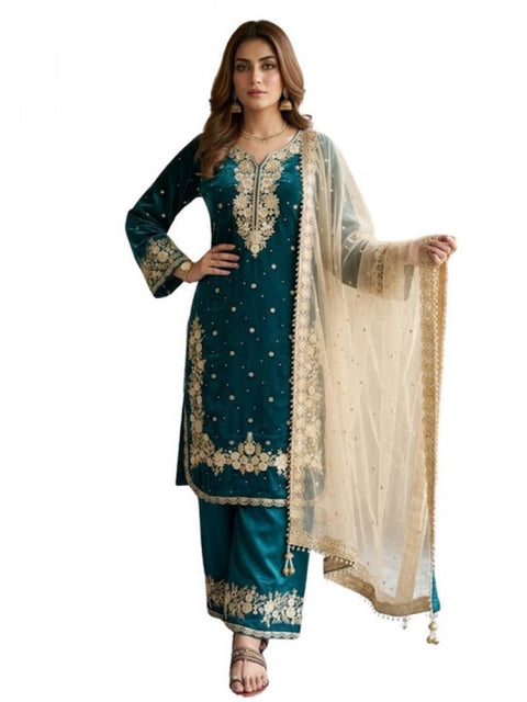 Generic Women's Silk Embroidered 3/4th Sleeve Round Kurti With Palazzo Pant and Dupatta Set (Teal)