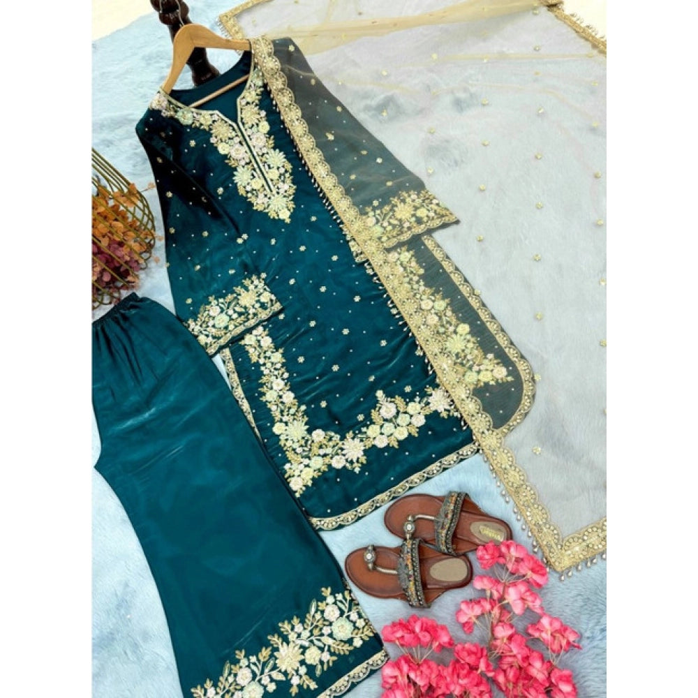 Women's Silk Embroidered 3/4th Sleeve Round Kurti With Palazzo Pant and Dupatta Set (Teal)