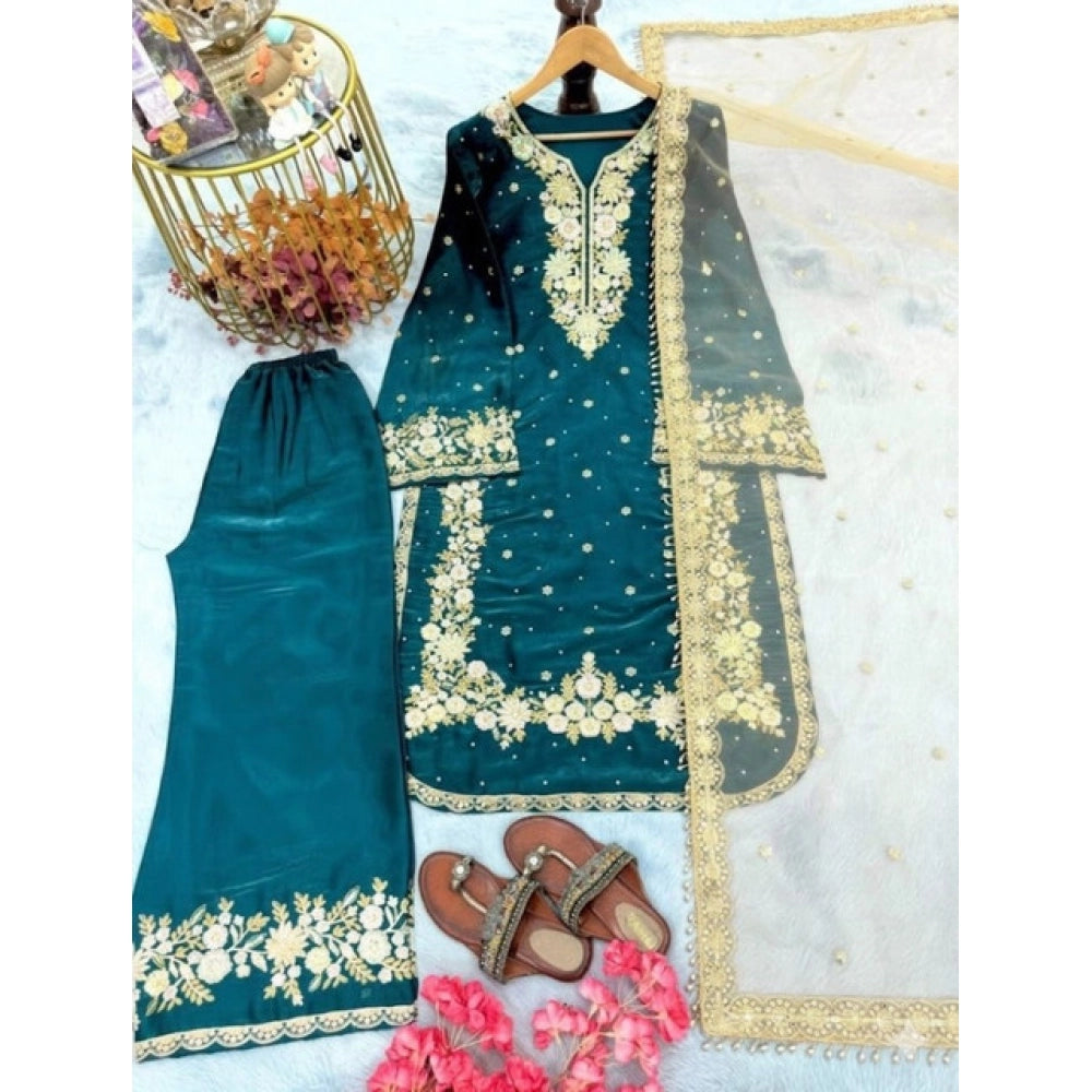 Women's Silk Embroidered 3/4th Sleeve Round Kurti With Palazzo Pant and Dupatta Set (Teal)