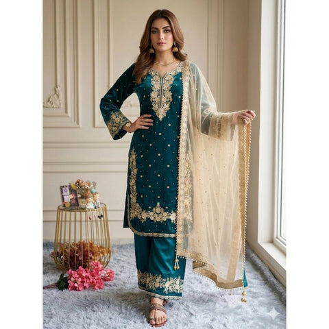 Women's Silk Embroidered 3/4th Sleeve Round Kurti With Palazzo Pant and Dupatta Set (Teal)