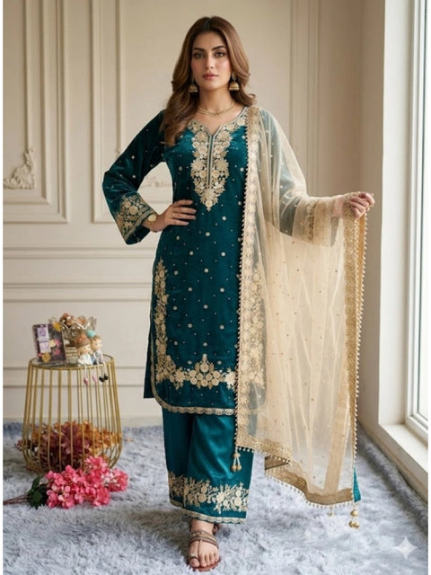 Women's Silk Embroidered 3/4th Sleeve Round Kurti With Palazzo Pant and Dupatta Set (Teal)