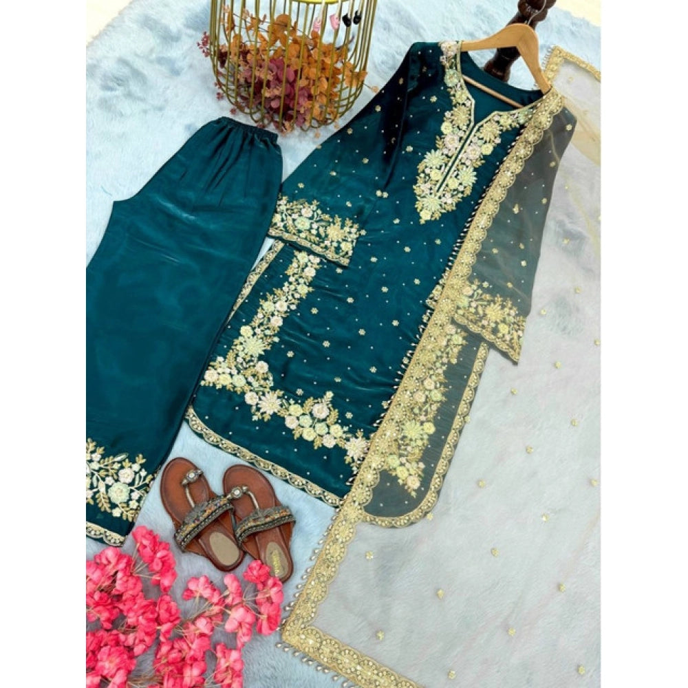 Women's Silk Embroidered 3/4th Sleeve Round Kurti With Palazzo Pant and Dupatta Set (Teal)
