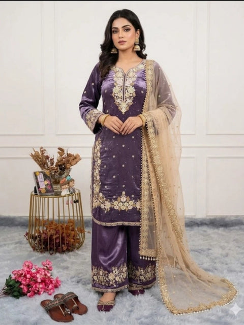 Generic Women's Silk Embroidered 3/4th Sleeve Round Kurti With Palazzo Pant and Dupatta Set (Purple)