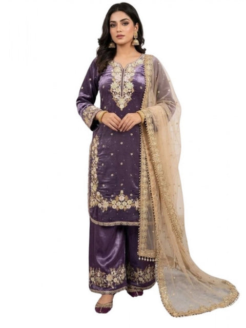 Generic Women's Silk Embroidered 3/4th Sleeve Round Kurti With Palazzo Pant and Dupatta Set (Purple)