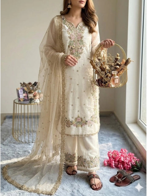 Generic Women's Silk Embroidered 3/4th Sleeve Round Kurti With Palazzo Pant and Dupatta Set (White)