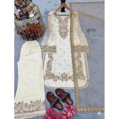 Generic Women's Silk Embroidered 3/4th Sleeve Round Kurti With Palazzo Pant and Dupatta Set (White)