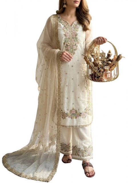 Generic Women's Silk Embroidered 3/4th Sleeve Round Kurti With Palazzo Pant and Dupatta Set (White)