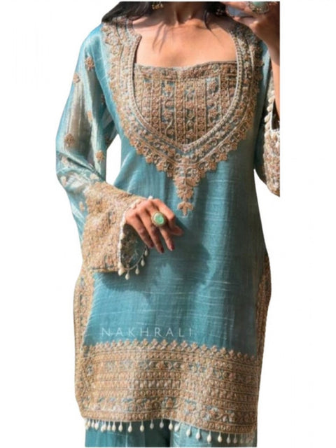 Generic Women's Silk Embroidered 3/4th Sleeve Round Kurti With Sharara Pant and Dupatta Set (Sea Green)
