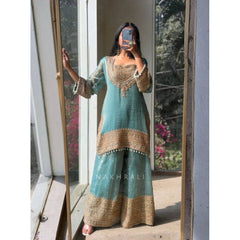Women's Silk Embroidered 3/4th Sleeve Round Kurti With Sharara Pant and Dupatta Set (Sea Green)