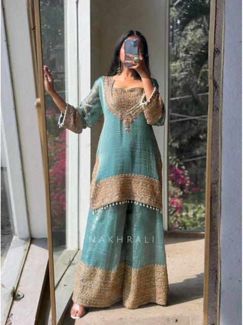 Women's Silk Embroidered 3/4th Sleeve Round Kurti With Sharara Pant and Dupatta Set (Sea Green)