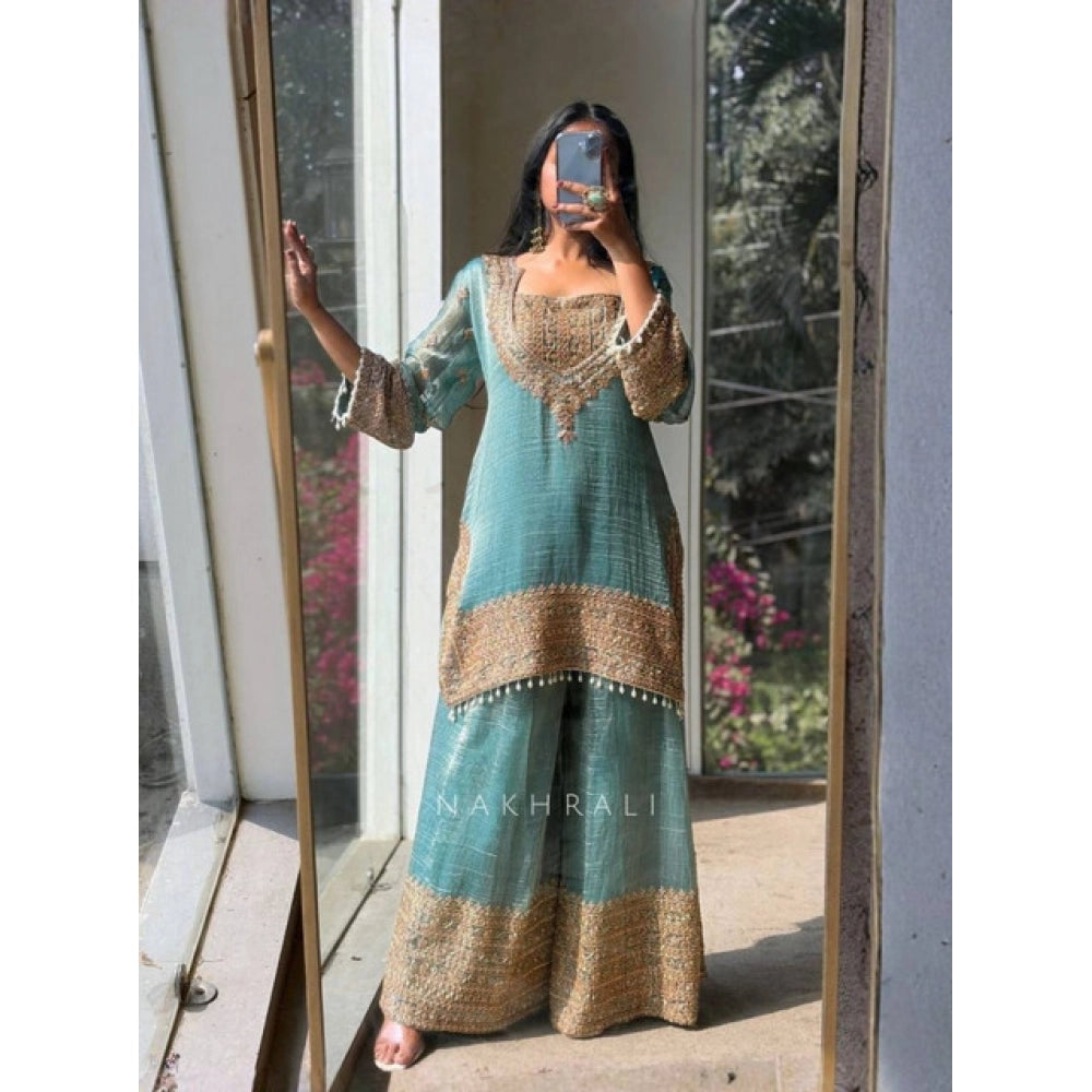 Women's Silk Embroidered 3/4th Sleeve Round Kurti With Sharara Pant and Dupatta Set (Sea Green)