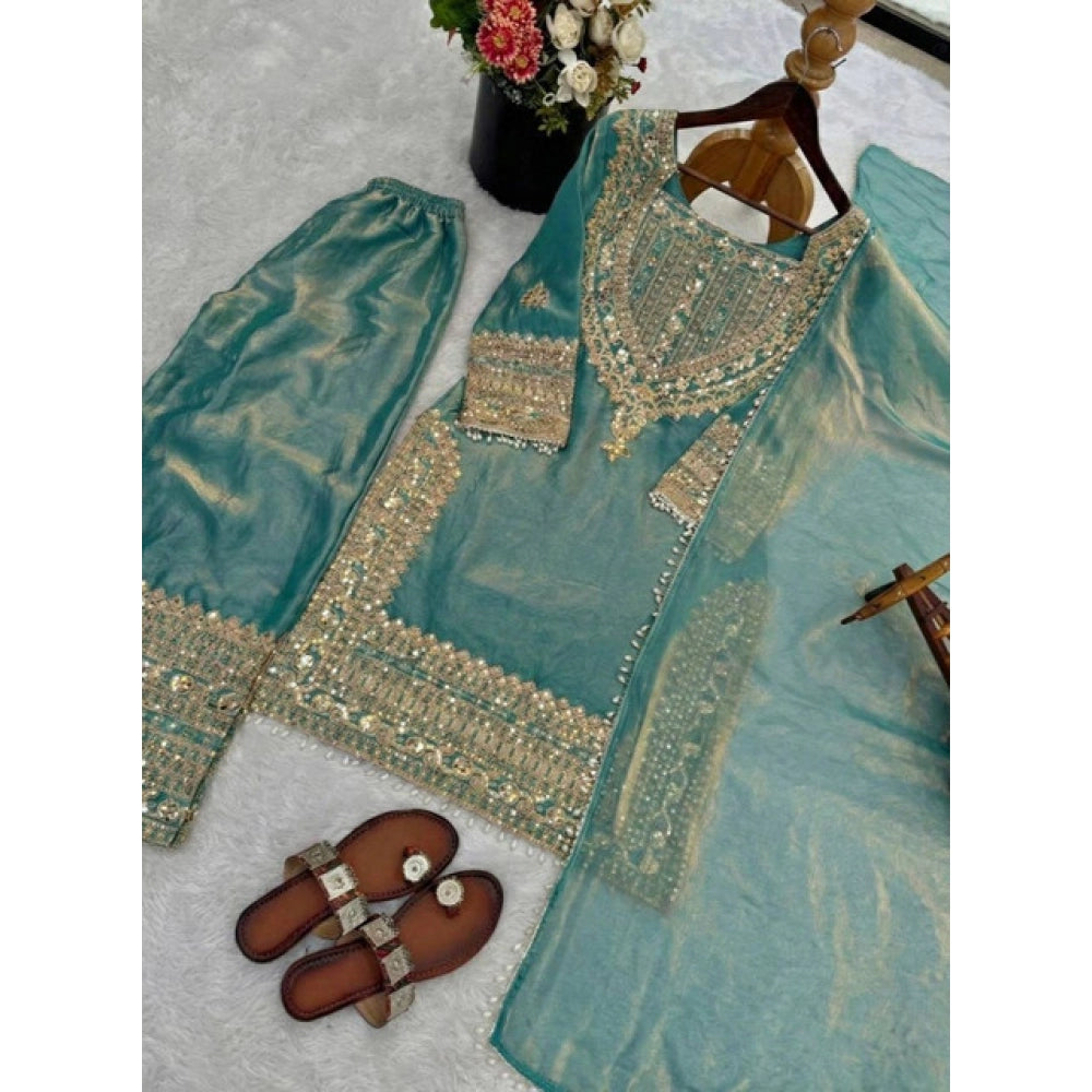 Women's Silk Embroidered 3/4th Sleeve Round Kurti With Sharara Pant and Dupatta Set (Sea Green)