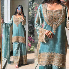 Women's Silk Embroidered 3/4th Sleeve Round Kurti With Sharara Pant and Dupatta Set (Sea Green)