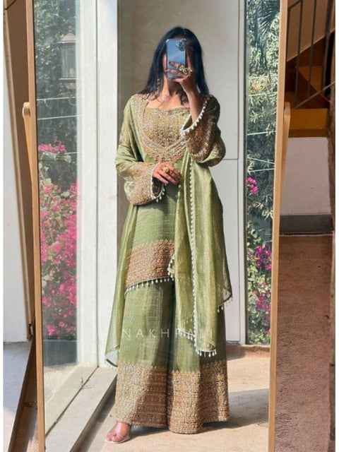 Generic Women's Silk Embroidered 3/4th Sleeve Round Kurti With Sharara Pant and Dupatta Set (Green)