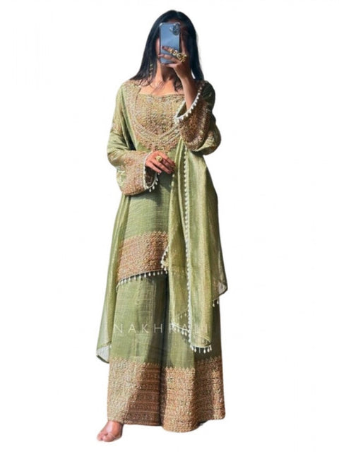 Generic Women's Silk Embroidered 3/4th Sleeve Round Kurti With Sharara Pant and Dupatta Set (Green)