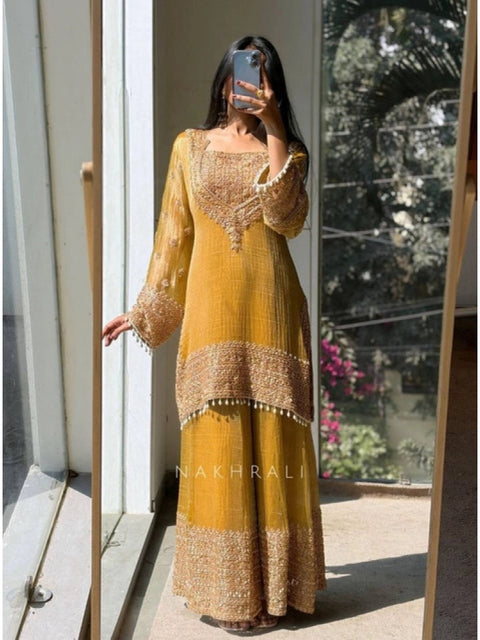 Generic Women's Silk Embroidered 3/4th Sleeve Round Kurti With Sharara Pant and Dupatta Set (Yellow)