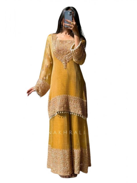 Generic Women's Silk Embroidered 3/4th Sleeve Round Kurti With Sharara Pant and Dupatta Set (Yellow)