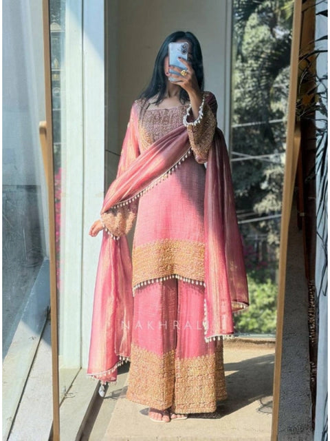 Generic Women's Silk Embroidered 3/4th Sleeve Round Kurti With Sharara Pant and Dupatta Set (Pink)