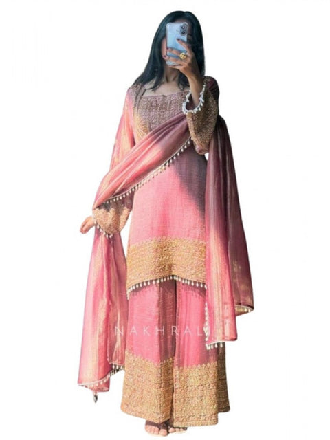 Generic Women's Silk Embroidered 3/4th Sleeve Round Kurti With Sharara Pant and Dupatta Set (Pink)