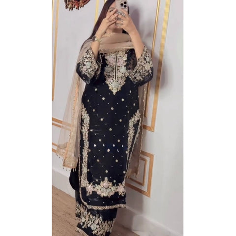 Women's Silk Embroidered 3/4th Sleeve Round Readymade Kurti With Palazzo Pant and Dupatta Set (Black)
