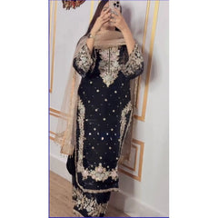 Women's Silk Embroidered 3/4th Sleeve Round Readymade Kurti With Palazzo Pant and Dupatta Set (Black)