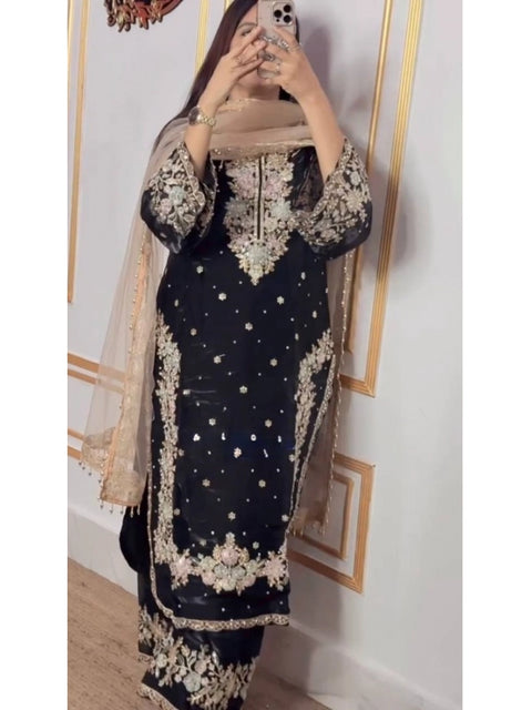 Generic Women's Silk Embroidered 3/4th Sleeve Round Readymade Kurti With Palazzo Pant and Dupatta Set (Black)