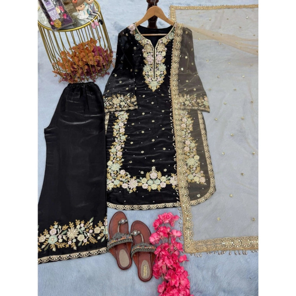 Women's Silk Embroidered 3/4th Sleeve Round Readymade Kurti With Palazzo Pant and Dupatta Set (Black)