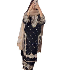 Women's Silk Embroidered 3/4th Sleeve Round Readymade Kurti With Palazzo Pant and Dupatta Set (Black)