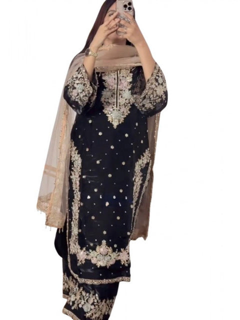 Women's Silk Embroidered 3/4th Sleeve Round Readymade Kurti With Palazzo Pant and Dupatta Set (Black)