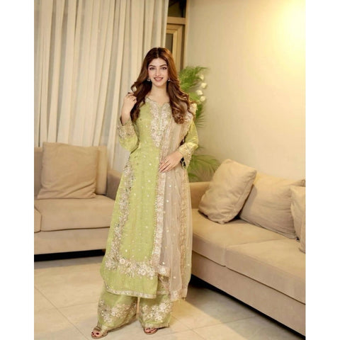 Women's Silk Embroidered 3/4th Sleeve Round Readymade Kurti With Palazzo Pant and Dupatta Set (Pista)