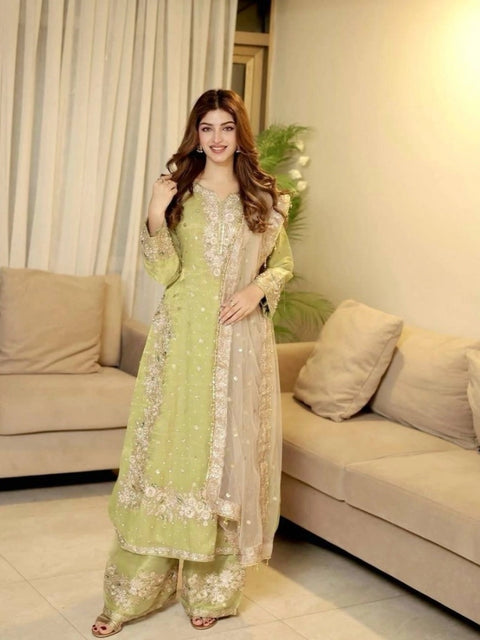 Women's Silk Embroidered 3/4th Sleeve Round Readymade Kurti With Palazzo Pant and Dupatta Set (Pista)