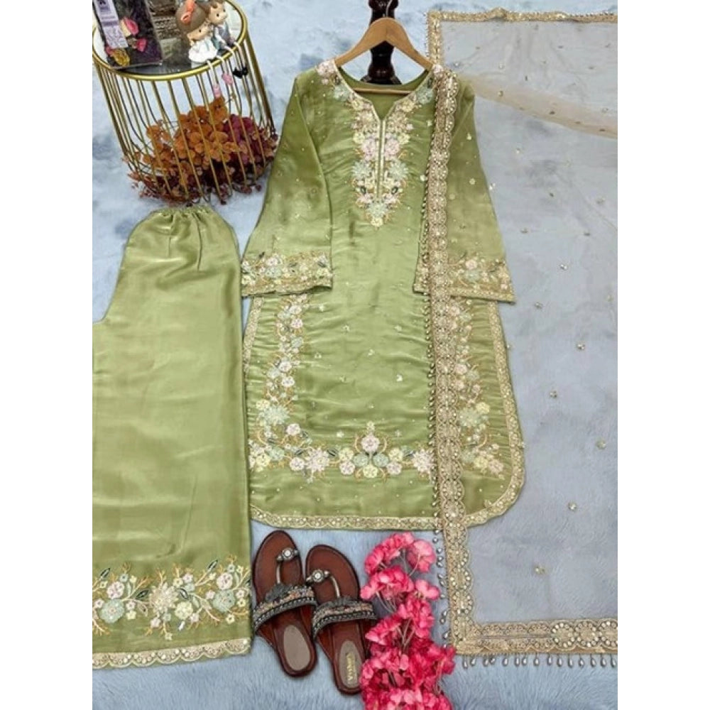 Women's Silk Embroidered 3/4th Sleeve Round Readymade Kurti With Palazzo Pant and Dupatta Set (Pista)