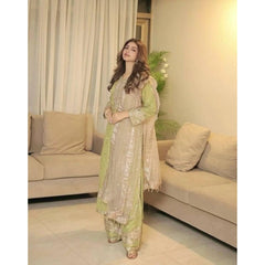 Women's Silk Embroidered 3/4th Sleeve Round Readymade Kurti With Palazzo Pant and Dupatta Set (Pista)
