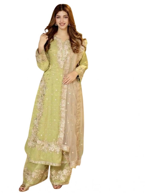 Generic Women's Silk Embroidered 3/4th Sleeve Round Readymade Kurti With Palazzo Pant and Dupatta Set (Pista)