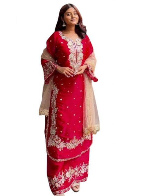 Generic Women's Silk Embroidered 3/4th Sleeve Round Readymade Kurti With Palazzo Pant and Dupatta Set (Red)
